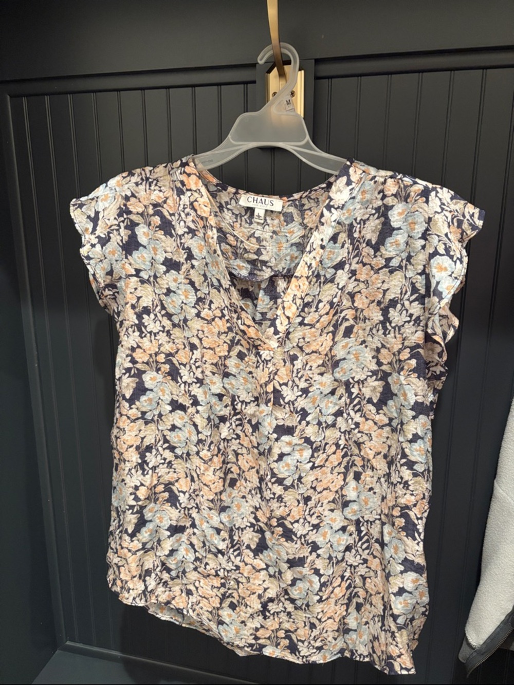 Chaus Navy Floral Cap-Sleeve Camisole with Cream and Light Blue Flowers